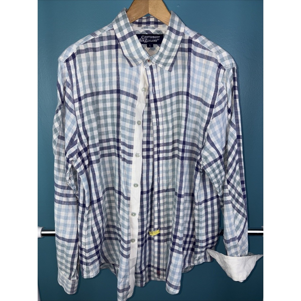 Canterbury New Zealand Button-Up Linen Shirt Mens L Blue Plaid Check Flip Cuff - Picture 1 of 8